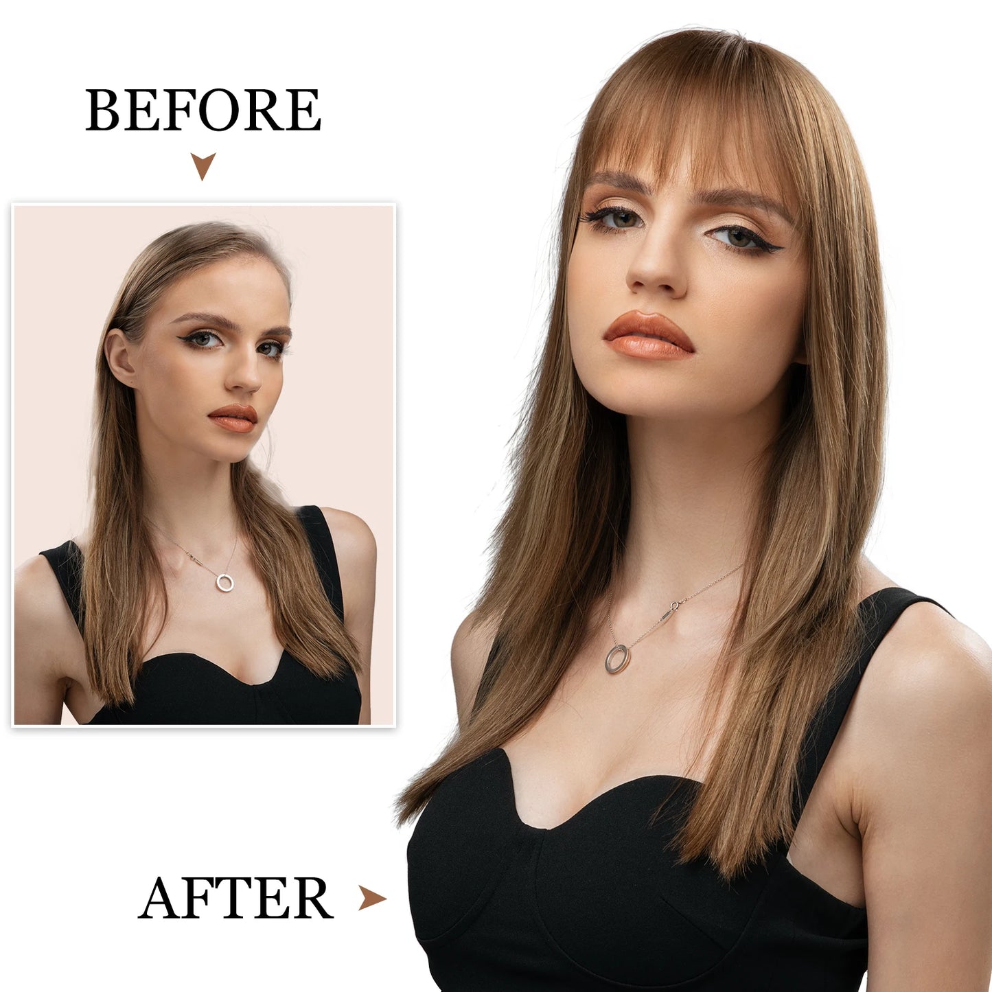 Natural-Look Synthetic Hair Topper with Bangs – Medium-Length Clip-In Wig for Women (Straight, 120% Density)