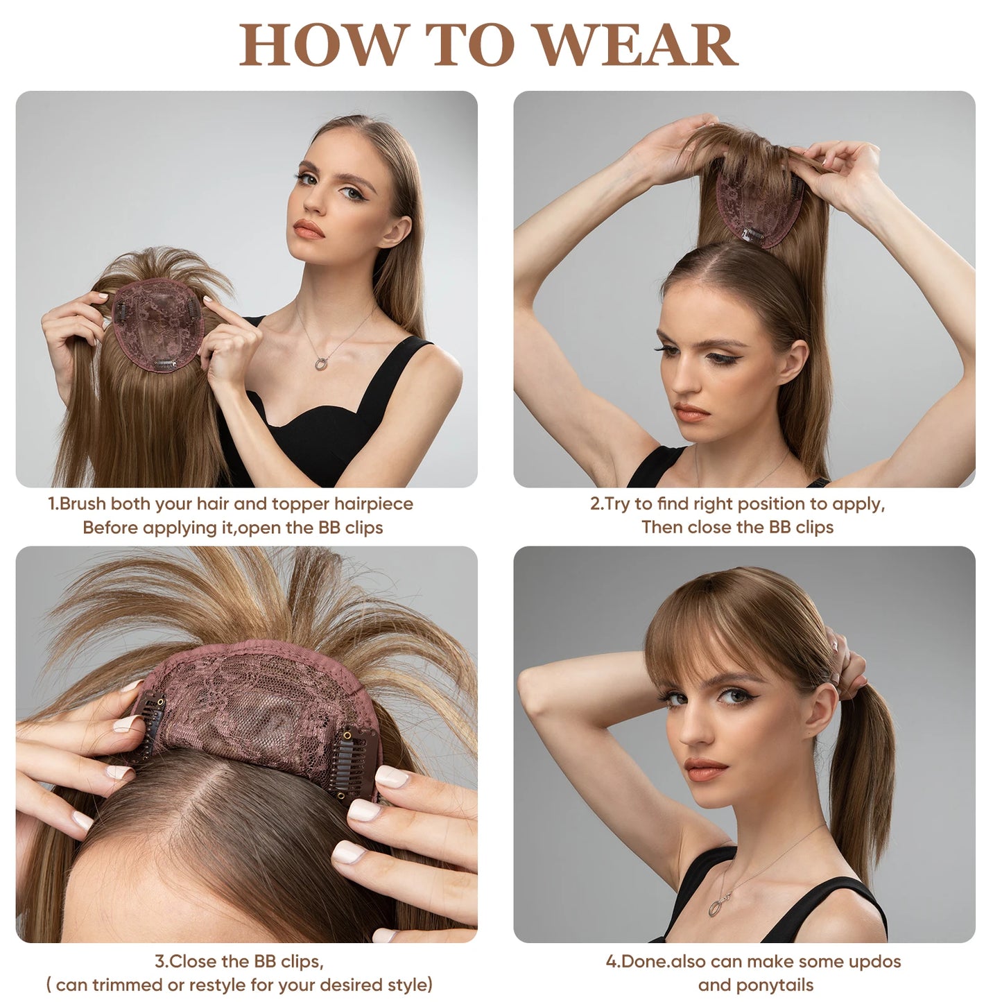 Natural-Look Synthetic Hair Topper with Bangs – Medium-Length Clip-In Wig for Women (Straight, 120% Density)