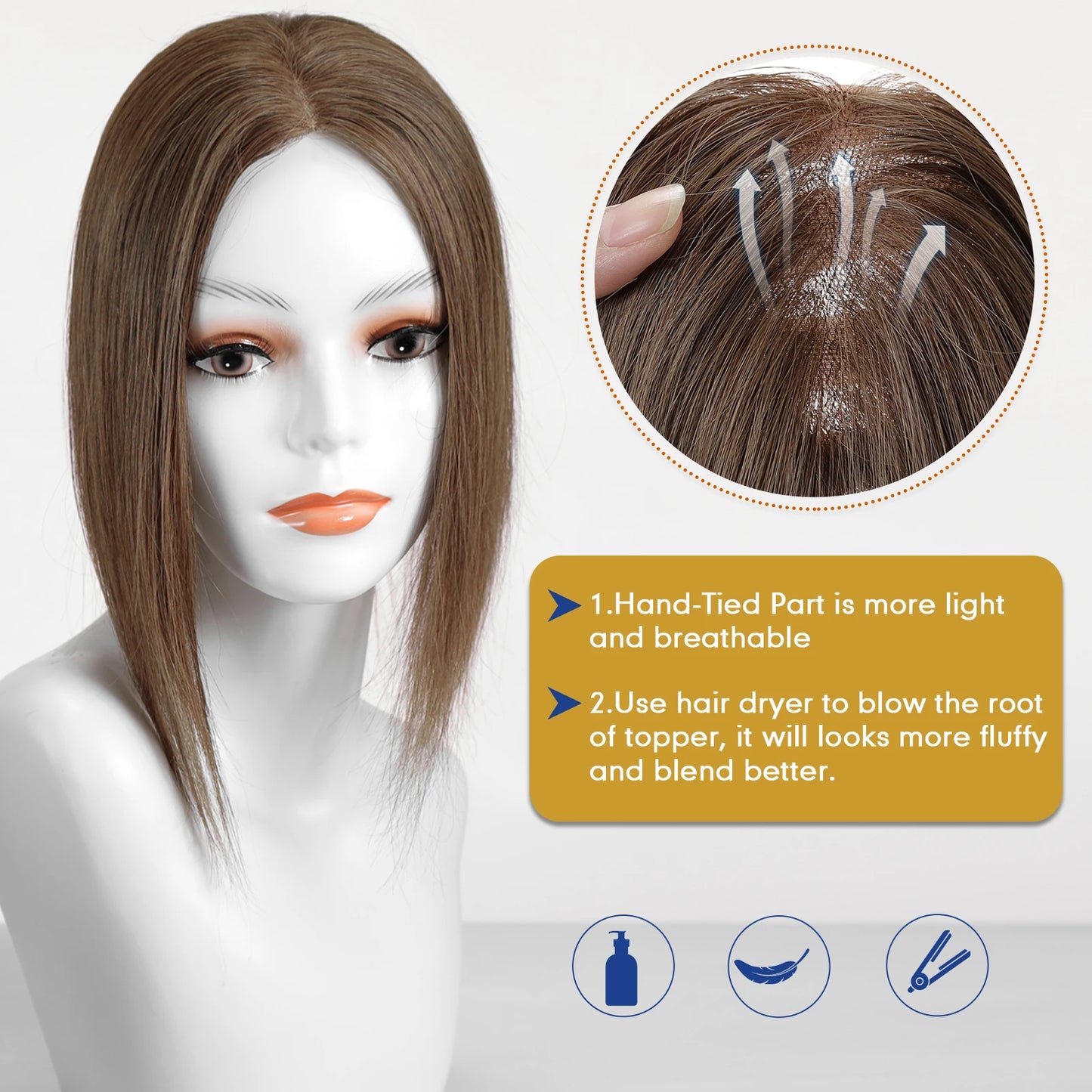 14” Brown Human Hair Topper – Straight Mono Lace Base Clip-In Hairpiece for Women