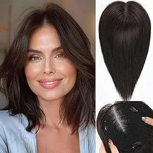 14” Blonde Mixed Brown Human Hair Topper – Swiss Silk Base, No Bangs, 60g Clip-In