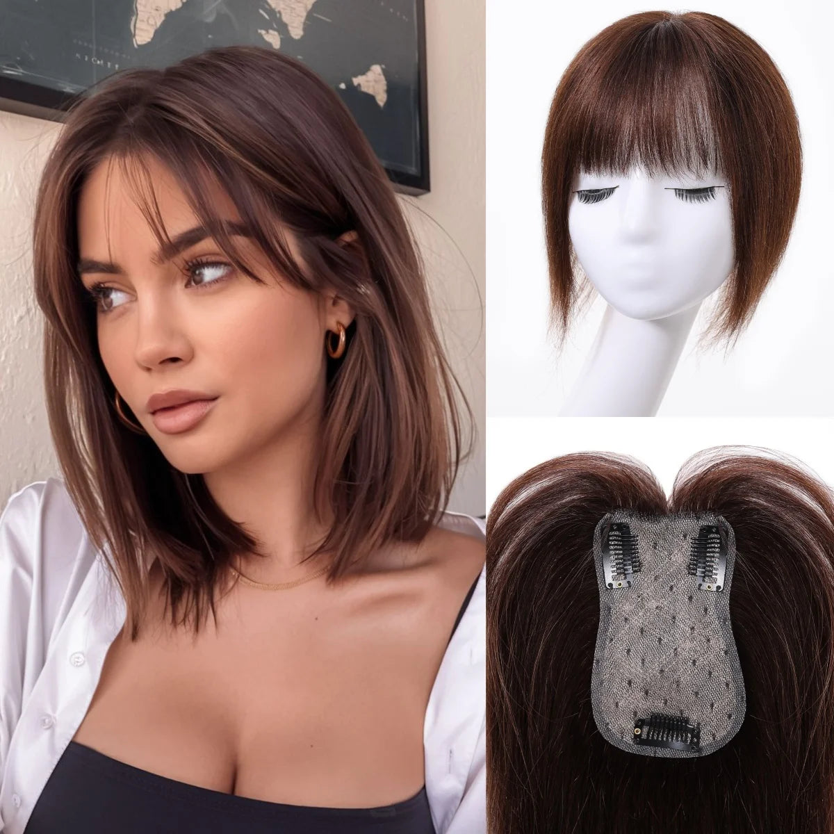 Light Grey Human Hair Topper with Thick Bangs – 360° Clip-In Silk Base Topper for Women