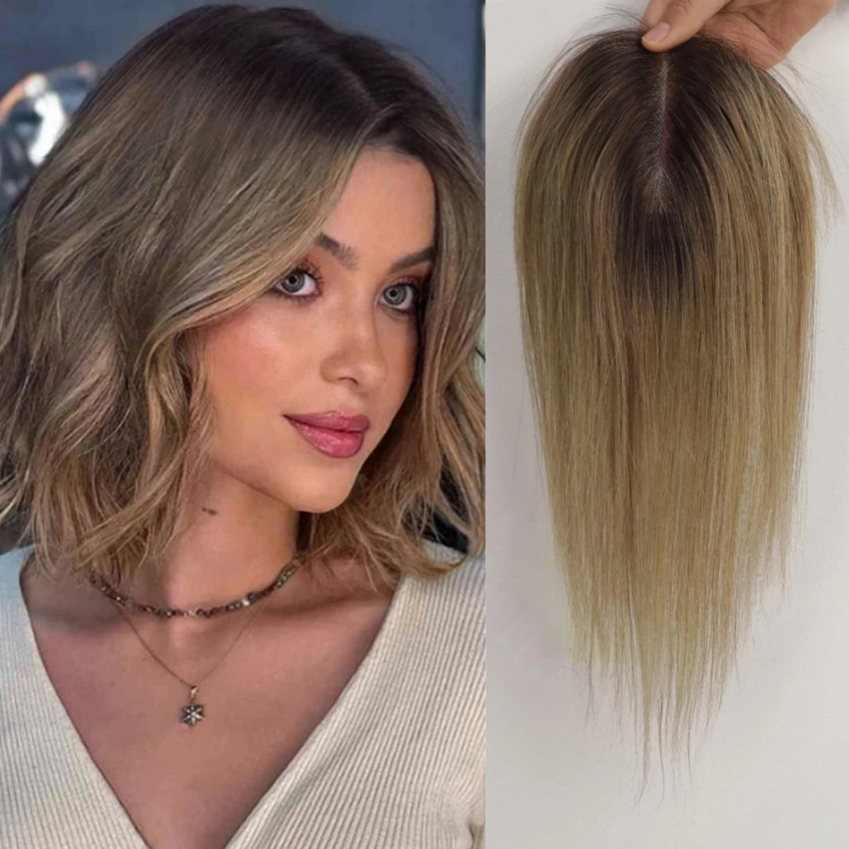 Brown Mixed Blonde Human Hair Topper – 12” Straight Lace Base Clip-In Hairpiece
