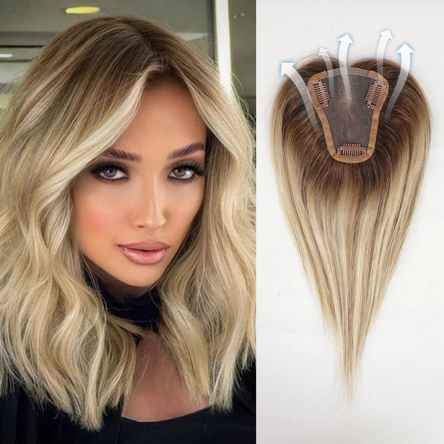 Brown Mixed Blonde Human Hair Topper – 12” Straight Lace Base Clip-In Hairpiece
