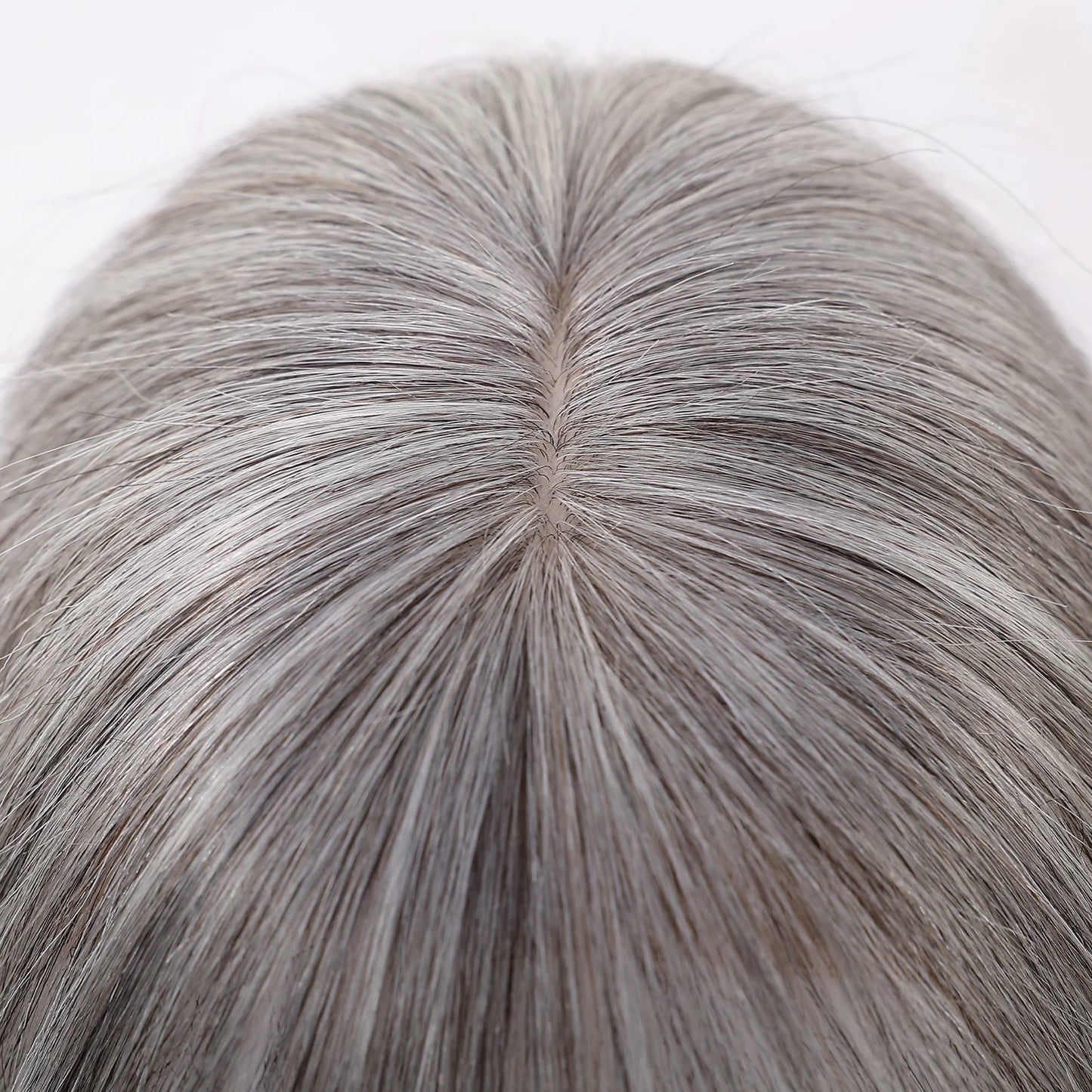 Light Grey Human Hair Topper with Thick Bangs – 360° Clip-In Silk Base Topper for Women