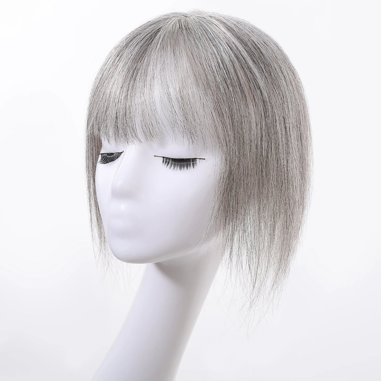 Light Grey Human Hair Topper with Thick Bangs – 360° Clip-In Silk Base Topper for Women