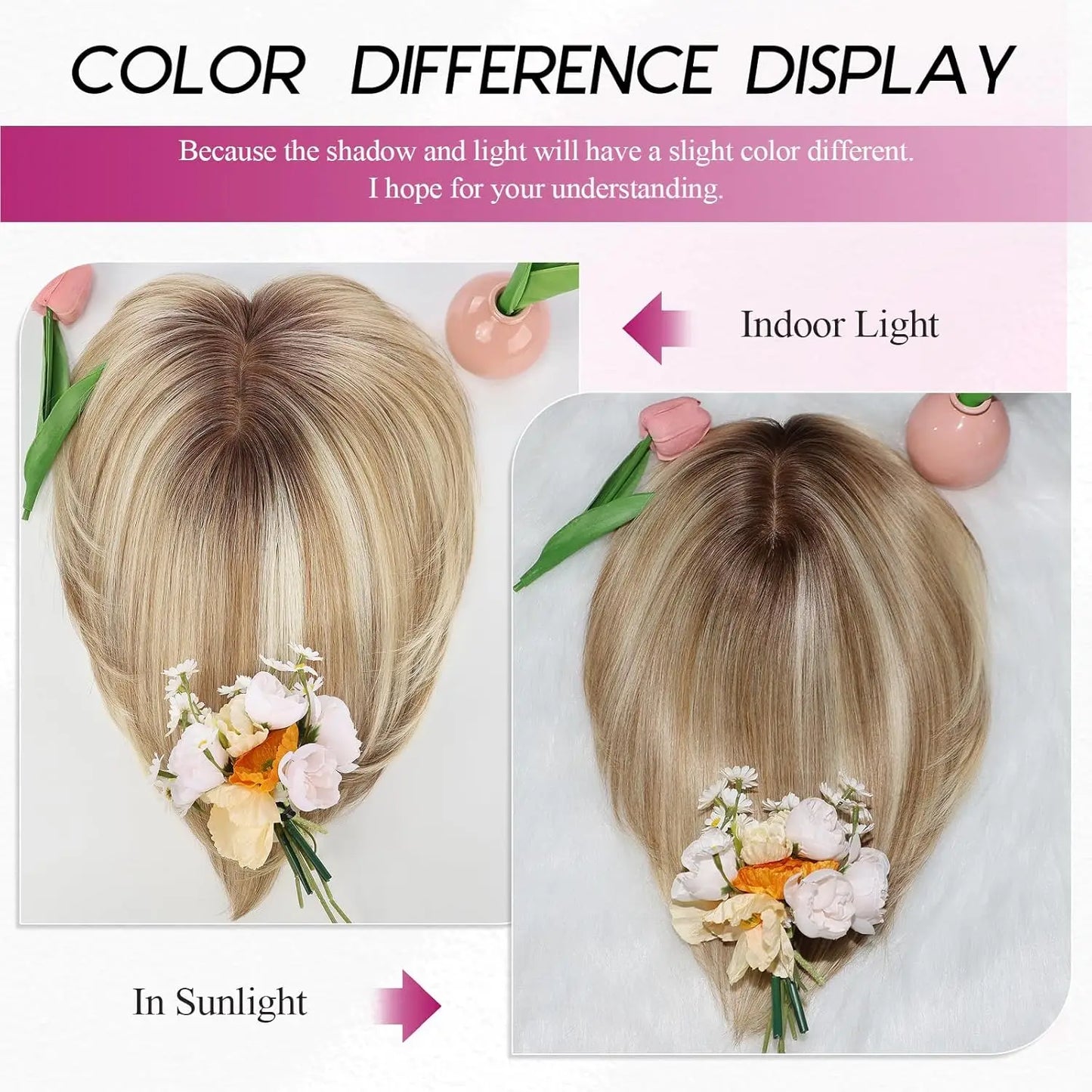 10” Short Bob Human Hair Topper with Bangs – Mixed Blonde Brown Side Part Silk Base Clip-In