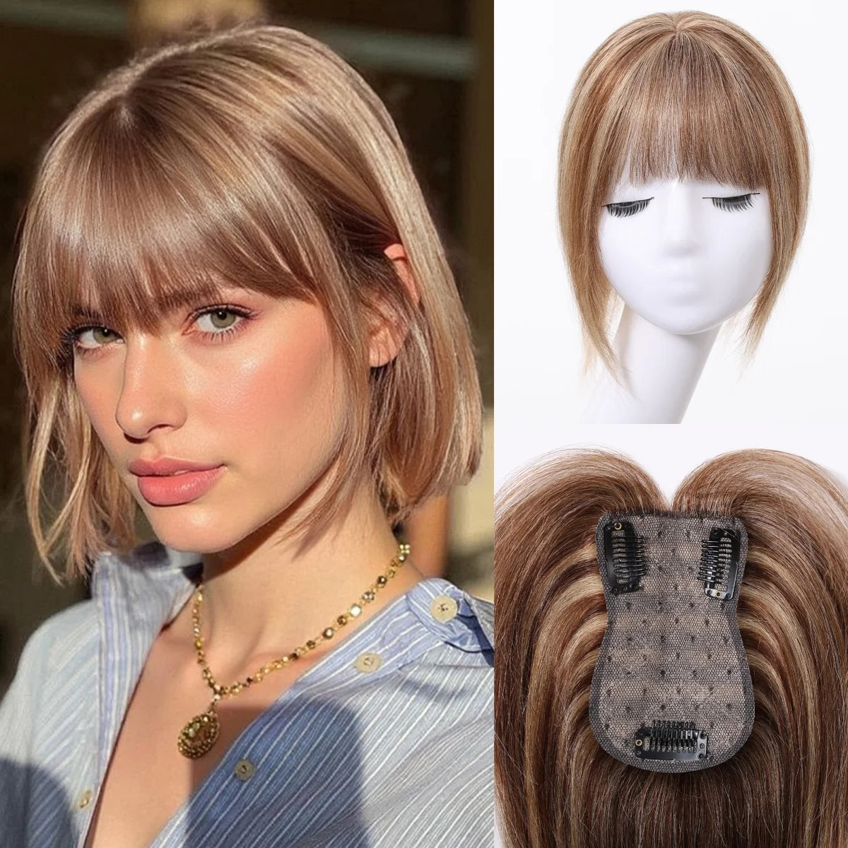 Light Grey Human Hair Topper with Thick Bangs – 360° Clip-In Silk Base Topper for Women