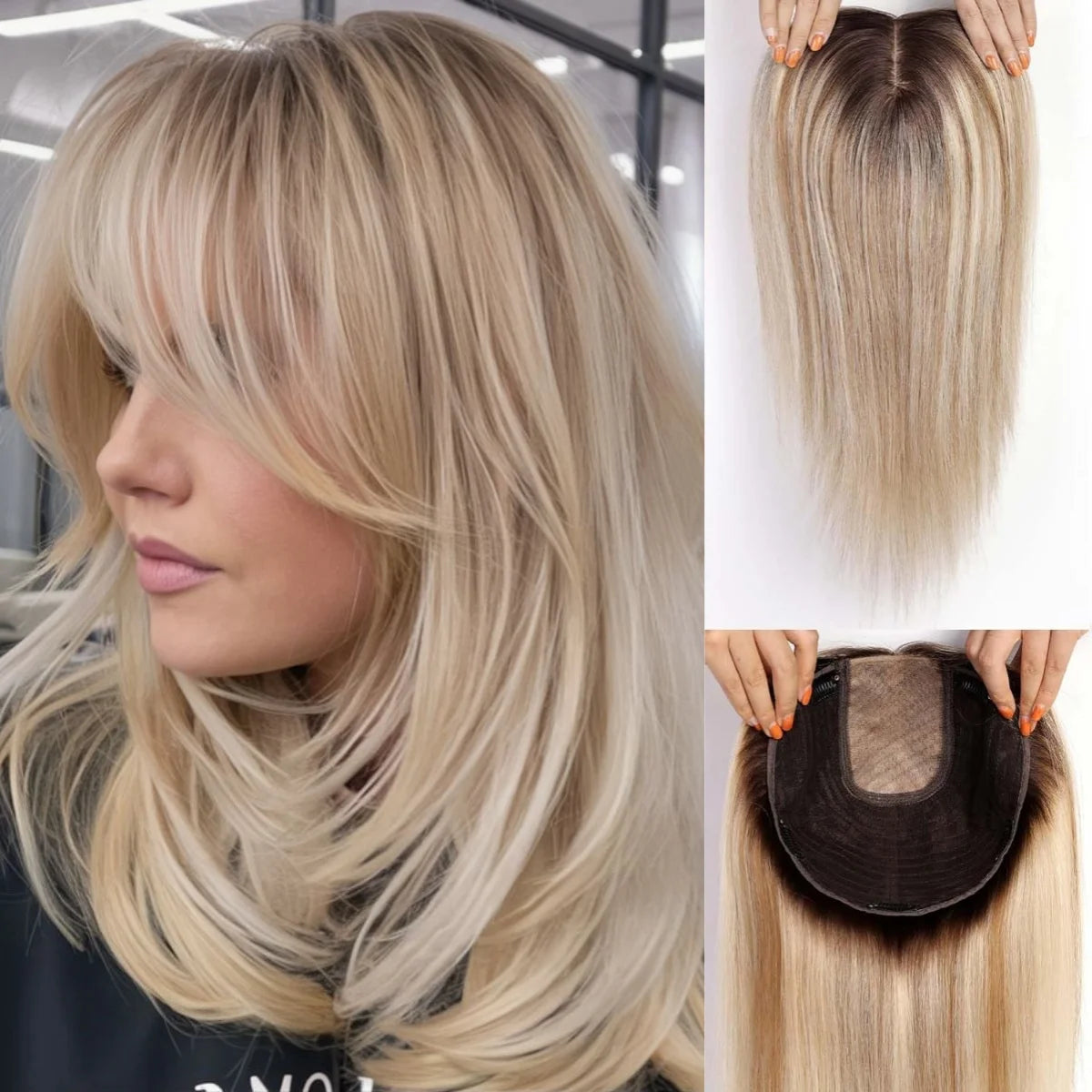 Ombre Light Blonde Human Hair Topper with Bangs – 16” Clip-In Straight Lace Base Topper