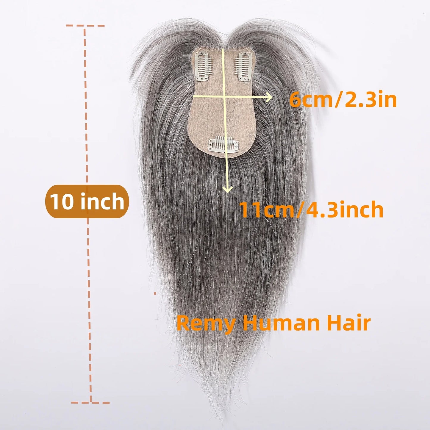 Light Grey Human Hair Topper with Thick Bangs – 360° Clip-In Silk Base Topper for Women