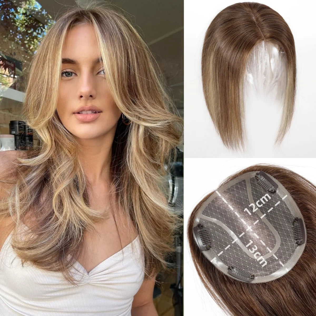 14” Brown Human Hair Topper – Straight Mono Lace Base Clip-In Hairpiece for Women