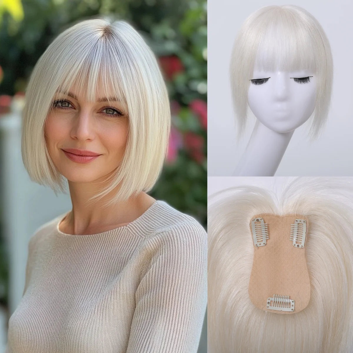 Light Grey Human Hair Topper with Thick Bangs – 360° Clip-In Silk Base Topper for Women