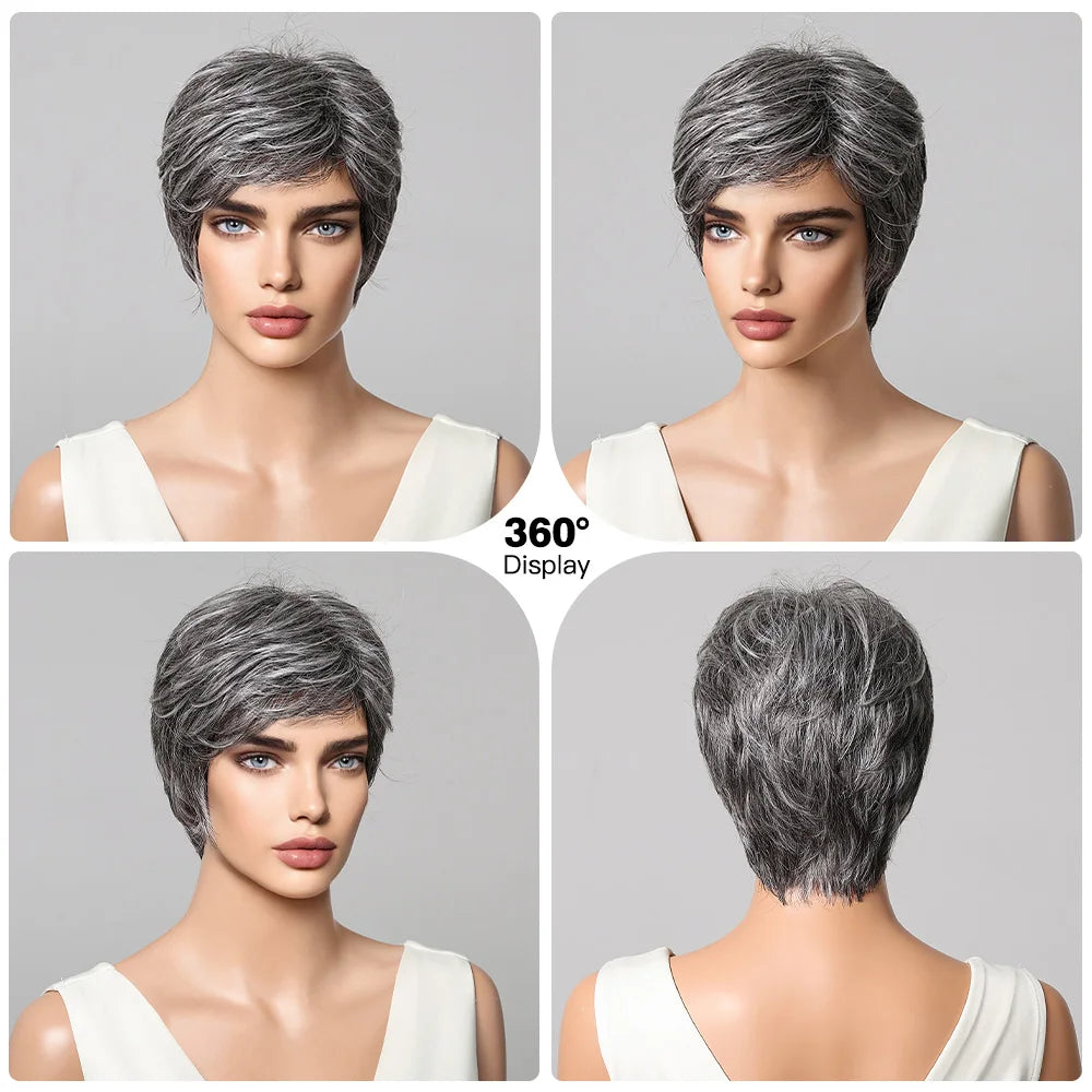 Short Pixie Cut Grey Human Hair Wig – 8” Layered Blend Wig with Bangs for Women
