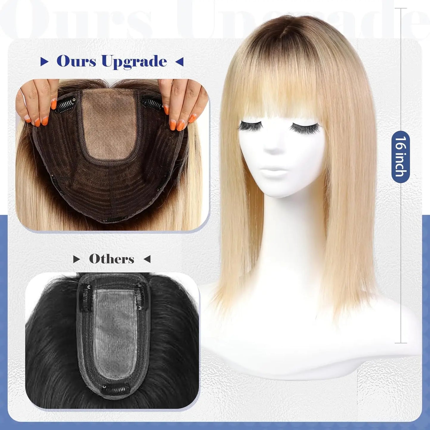 Ombre Light Blonde Human Hair Topper with Bangs – 16” Clip-In Straight Lace Base Topper