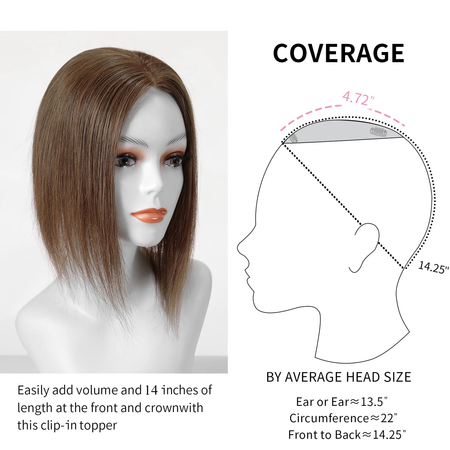 14” Brown Human Hair Topper – Straight Mono Lace Base Clip-In Hairpiece for Women