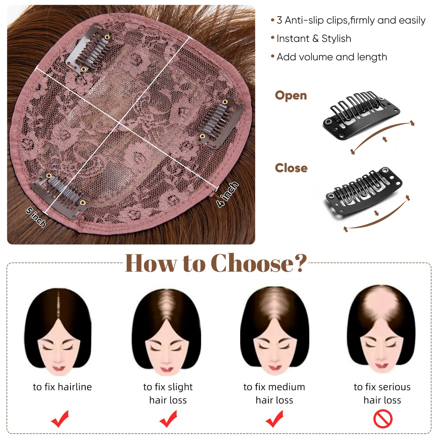 Natural-Look Synthetic Hair Topper with Bangs – Medium-Length Clip-In Wig for Women (Straight, 120% Density)