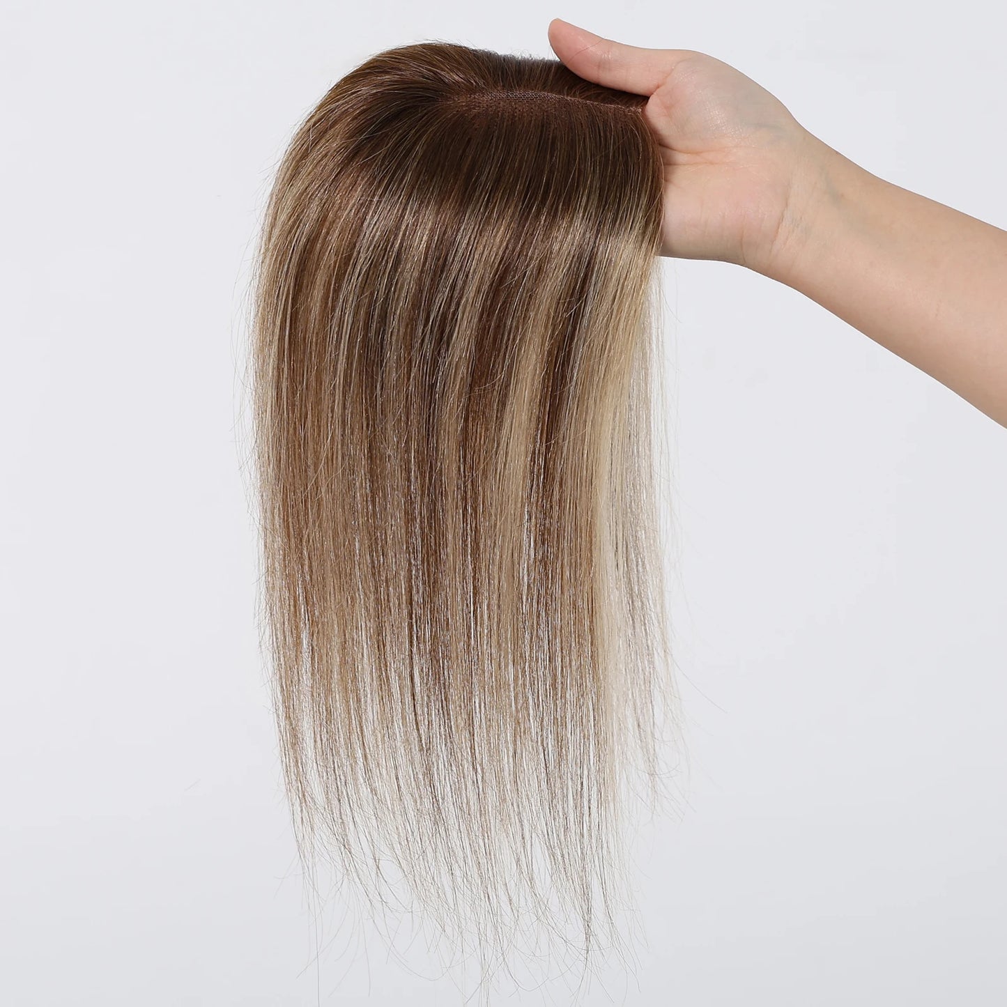 Brown Mixed Blonde Human Hair Topper – 12” Straight Lace Base Clip-In Hairpiece
