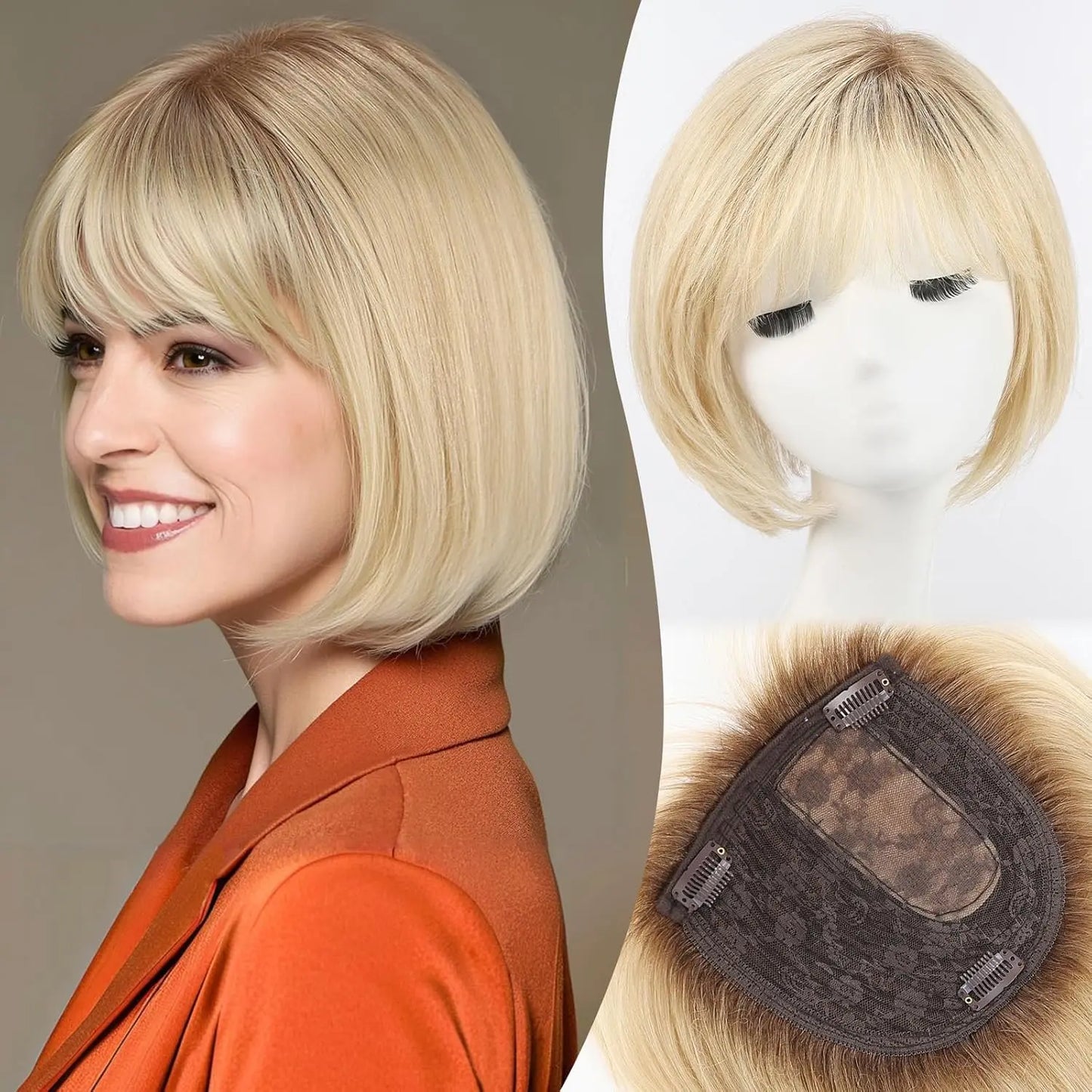10” Short Bob Human Hair Topper with Bangs – Mixed Blonde Brown Side Part Silk Base Clip-In