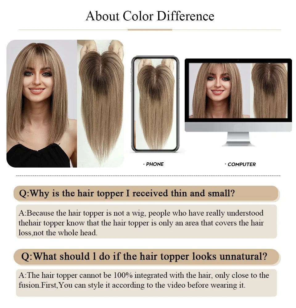 Light Brown Human Hair Topper with Bangs – 10" Silk Base Clip-In for Thinning Hair
