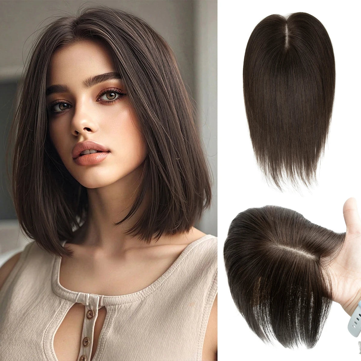 360° Human Hair Topper with Bangs – Real Hair Volume Topper for Thinning Hair