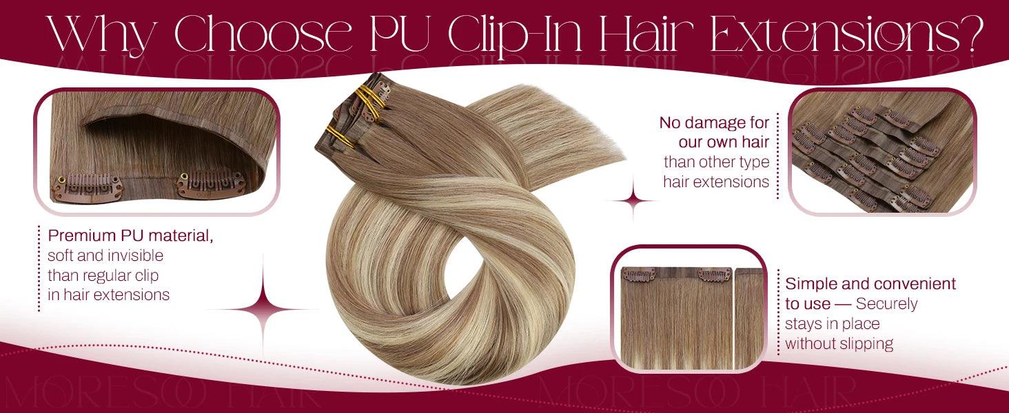 Seamless PU Clip-In Human Hair Extensions – 7 Piece Full Head Remy Set (105g)