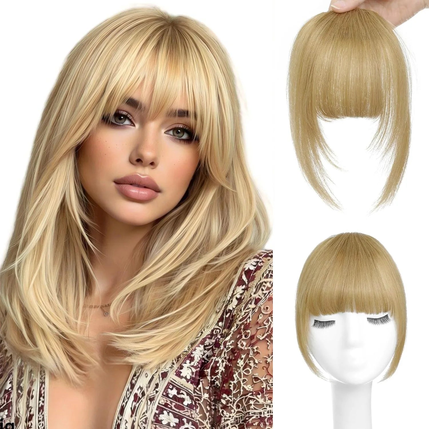Human Hair Wispy French Bangs with Temples – Clip-In Air Fringe Hair Piece