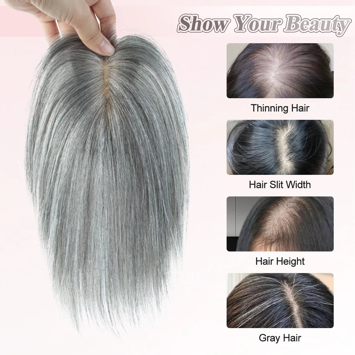 360° Human Hair Topper with Bangs – Real Hair Volume Topper for Thinning Hair