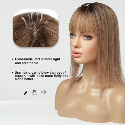 Light Brown Human Hair Topper with Bangs – 10" Silk Base Clip-In for Thinning Hair