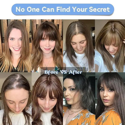 Light Brown Human Hair Topper with Bangs – 10" Silk Base Clip-In for Thinning Hair