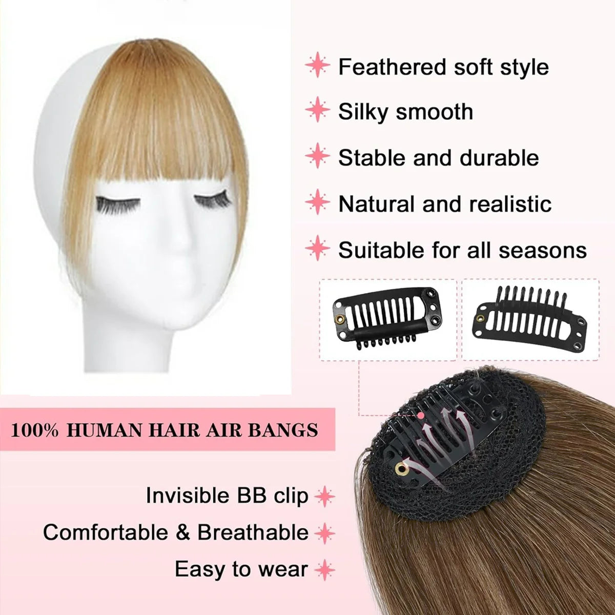 Human Hair Wispy French Bangs with Temples – Clip-In Air Fringe Hair Piece