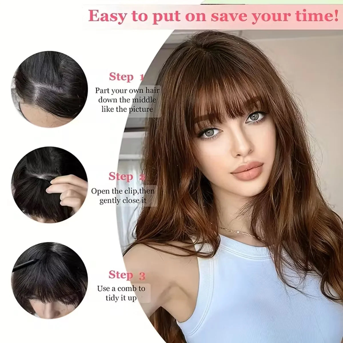 Human Hair Wispy French Bangs with Temples – Clip-In Air Fringe Hair Piece