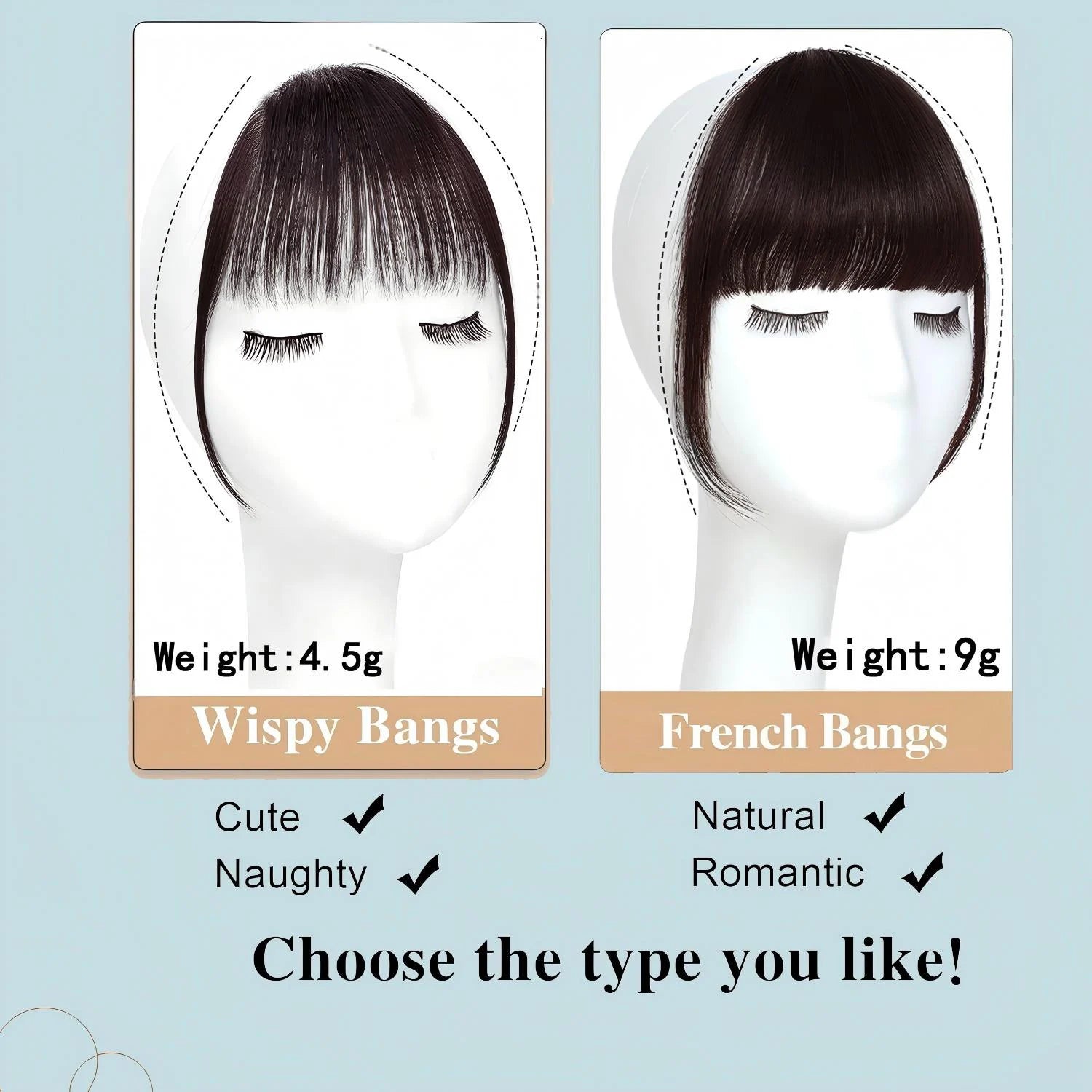Human Hair Wispy French Bangs with Temples – Clip-In Air Fringe Hair Piece