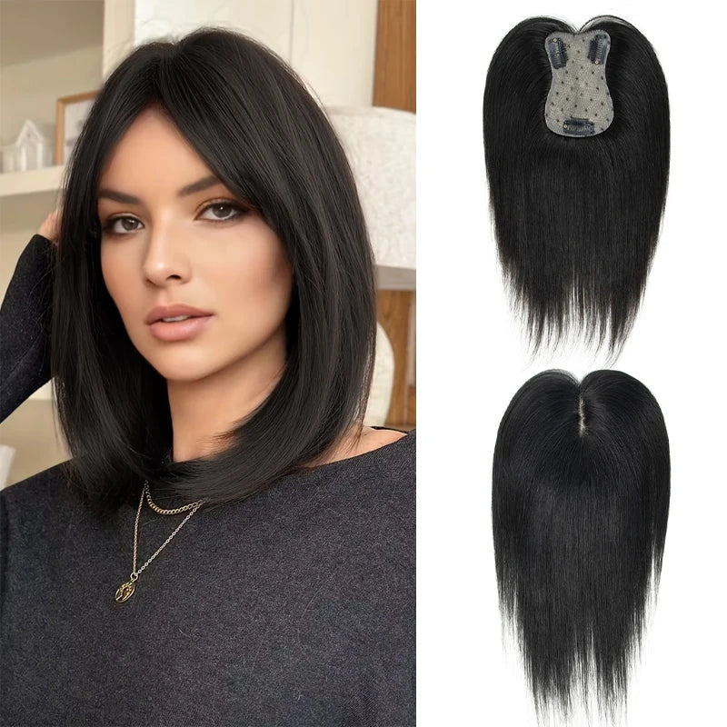 360° Human Hair Topper with Bangs – Real Hair Volume Topper for Thinning Hair