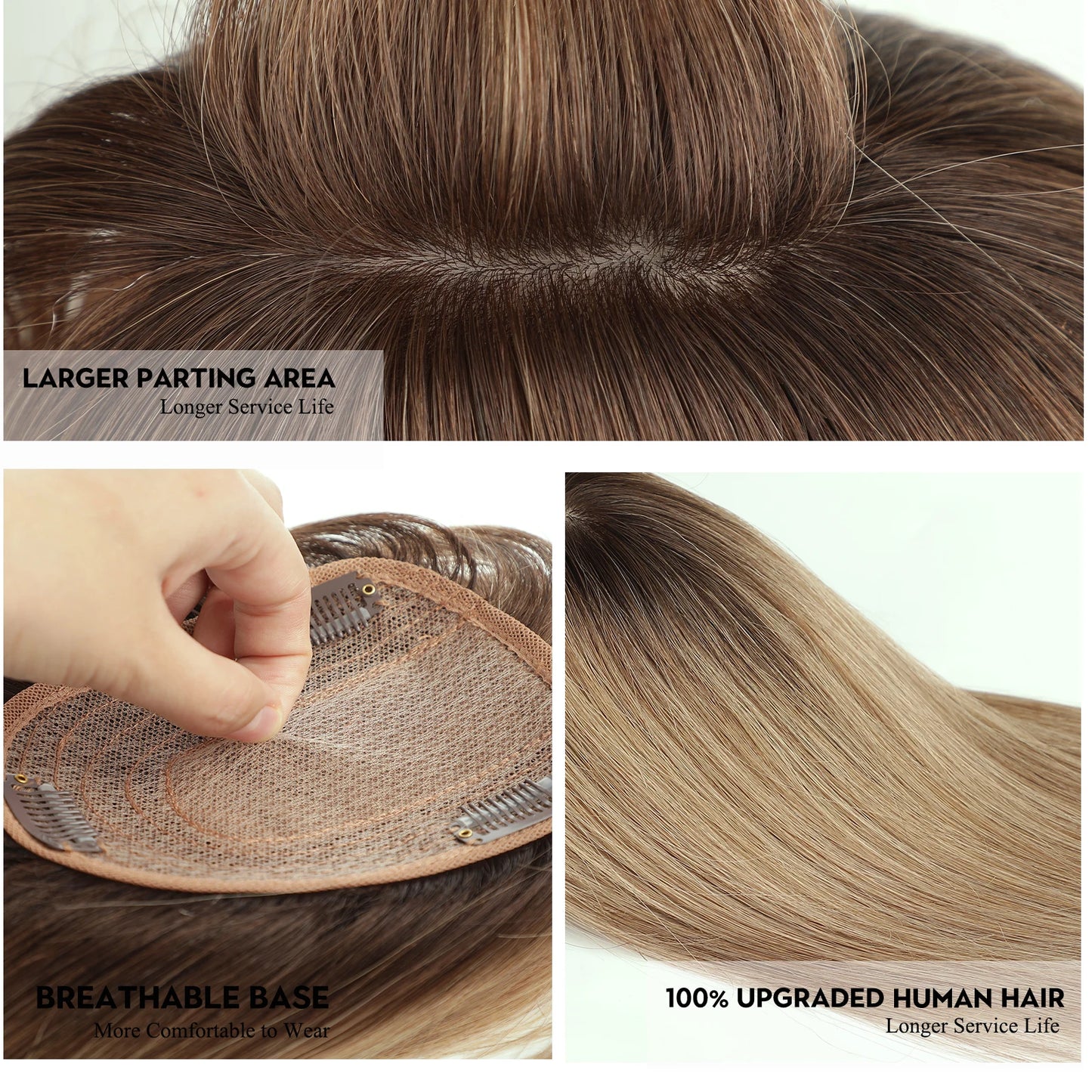 Light Brown Human Hair Topper with Bangs – 10" Silk Base Clip-In for Thinning Hair
