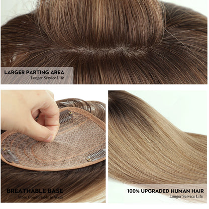 Light Brown Human Hair Topper with Bangs – 10" Silk Base Clip-In for Thinning Hair