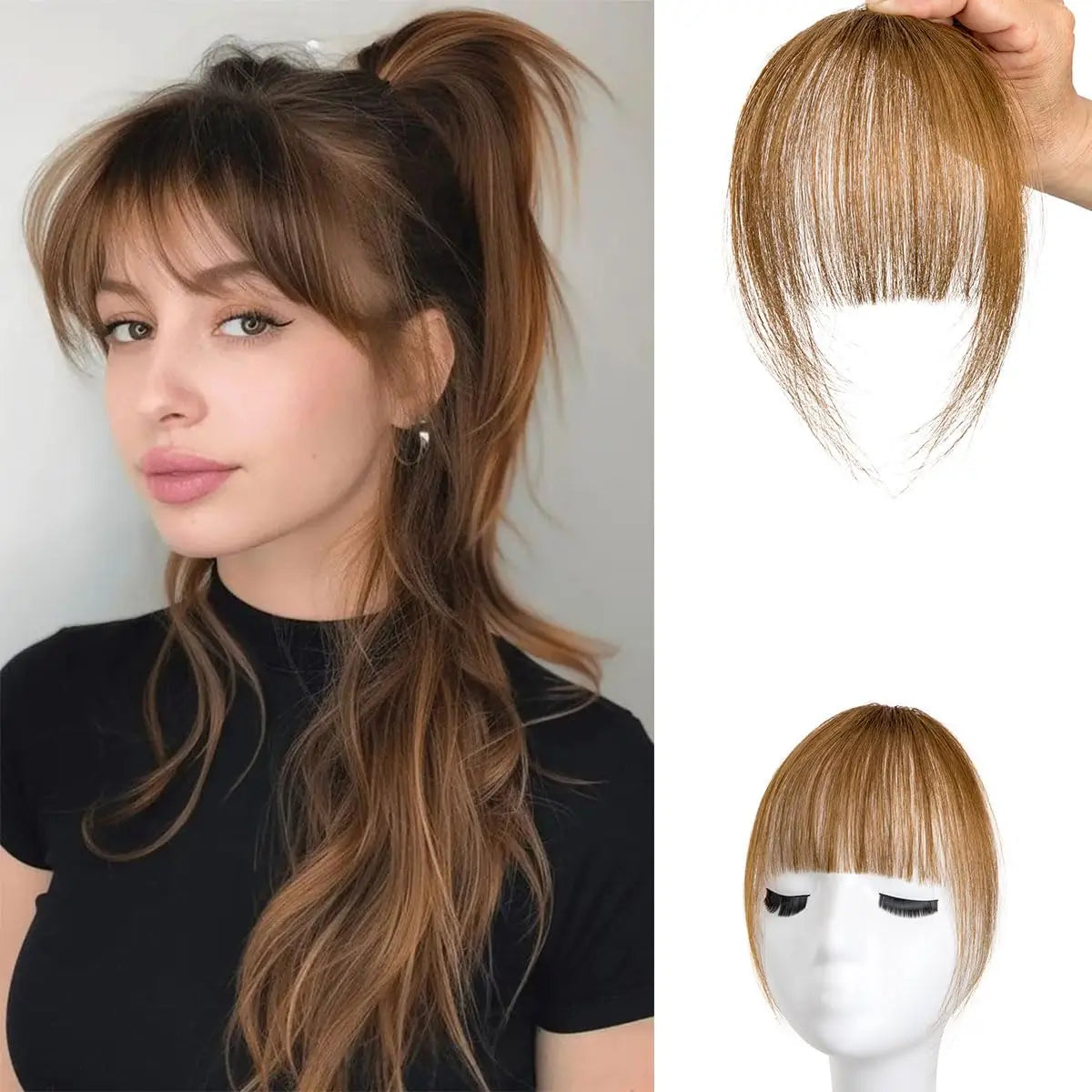 Human Hair Wispy French Bangs with Temples – Clip-In Air Fringe Hair Piece