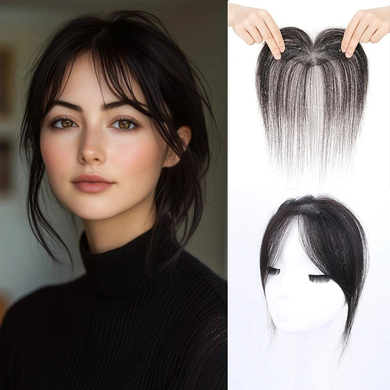 Human Hair Clip-In Bangs with Temple Lace Base – Remy Fringe Hair Topper