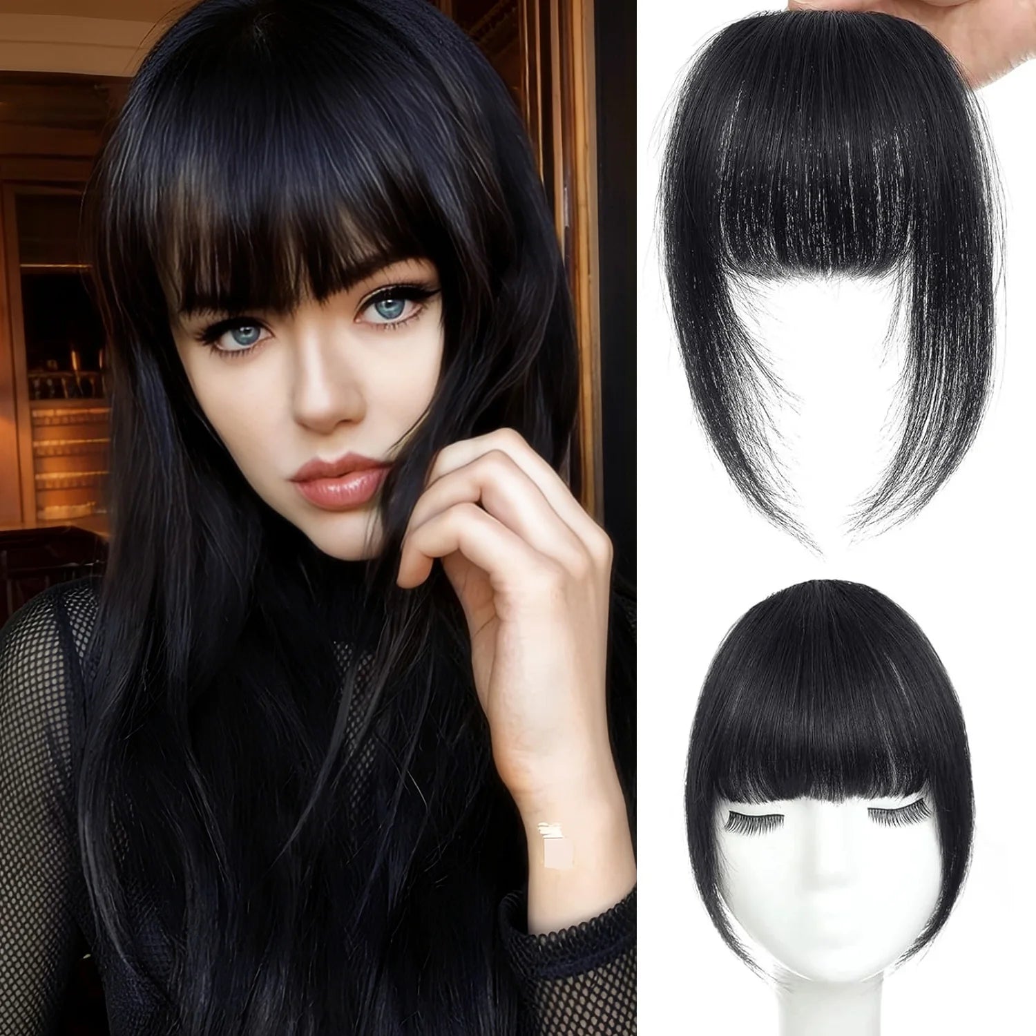Human Hair Wispy French Bangs with Temples – Clip-In Air Fringe Hair Piece