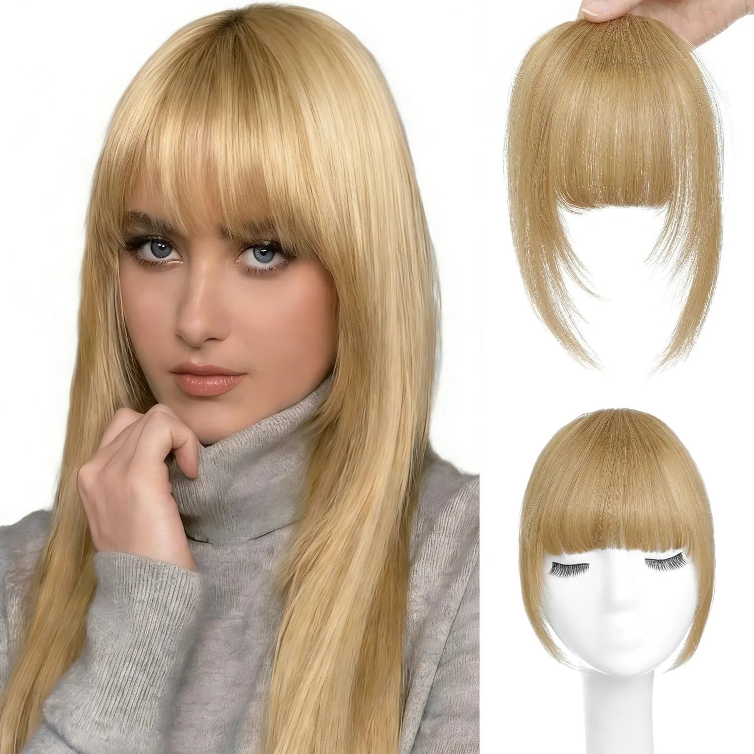 Human Hair Wispy French Bangs with Temples – Clip-In Air Fringe Hair Piece