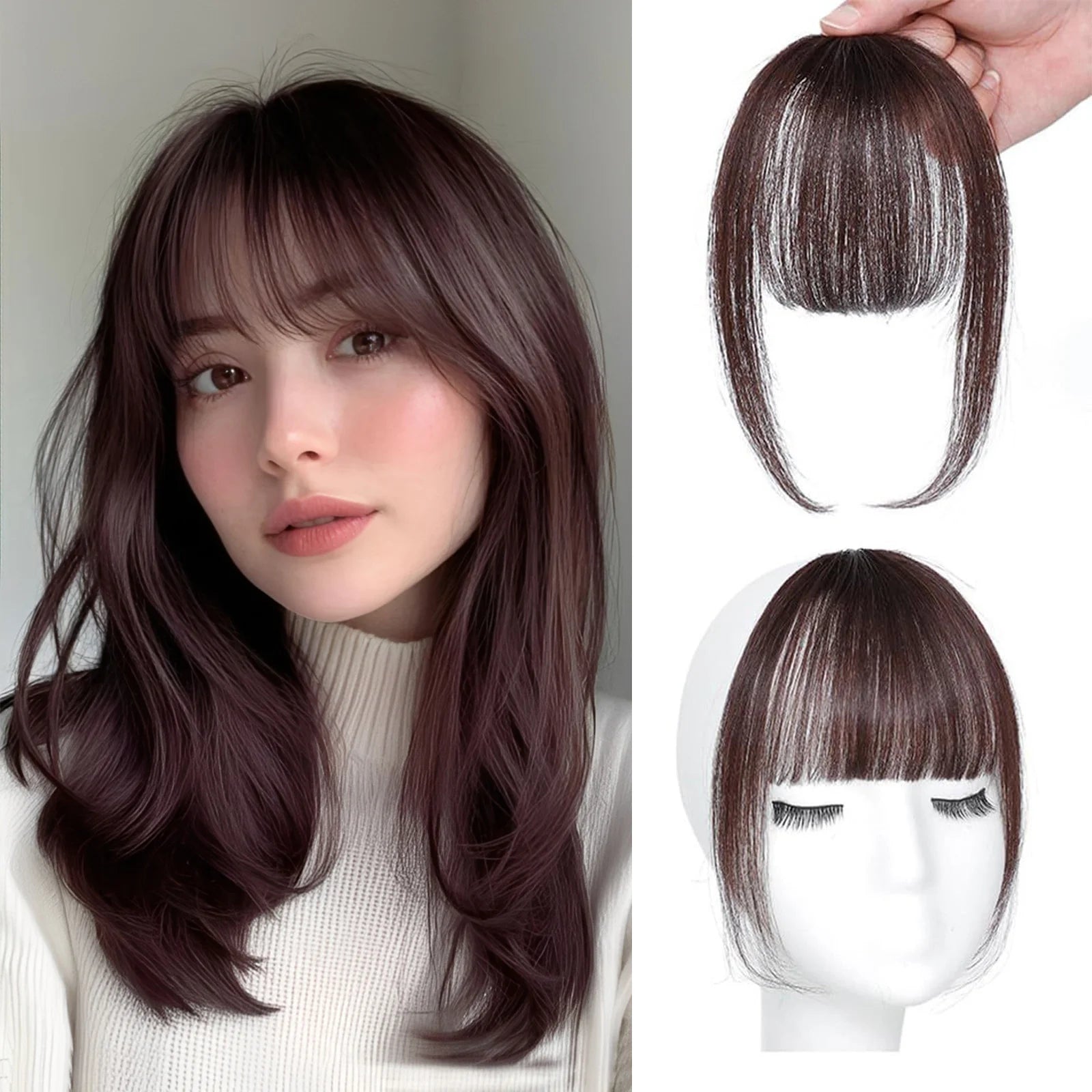 Human Hair Wispy French Bangs with Temples – Clip-In Air Fringe Hair Piece