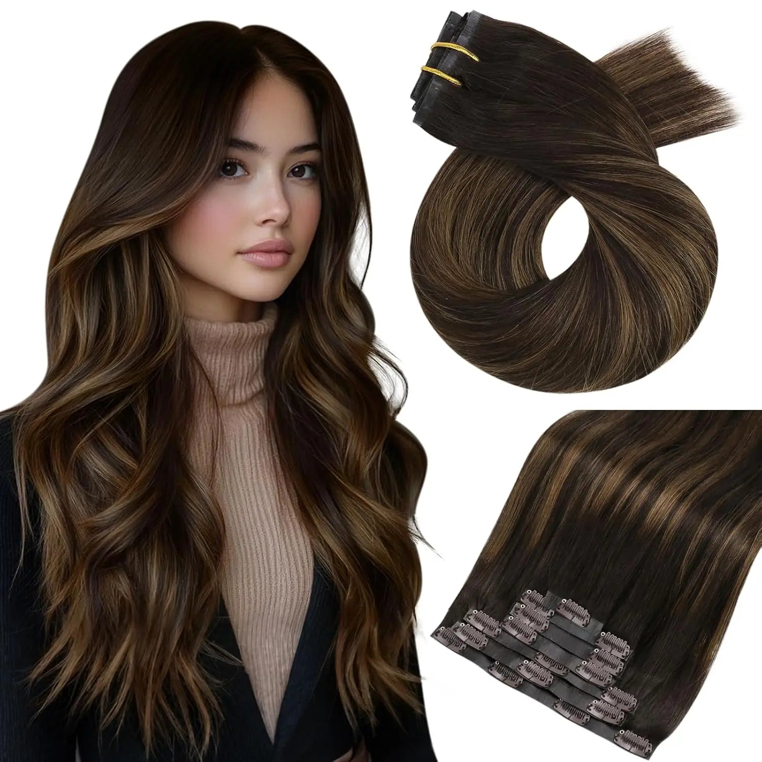 Seamless PU Clip-In Human Hair Extensions – 7 Piece Full Head Remy Set (105g)