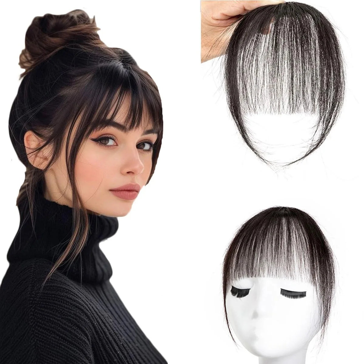 Human Hair Wispy French Bangs with Temples – Clip-In Air Fringe Hair Piece