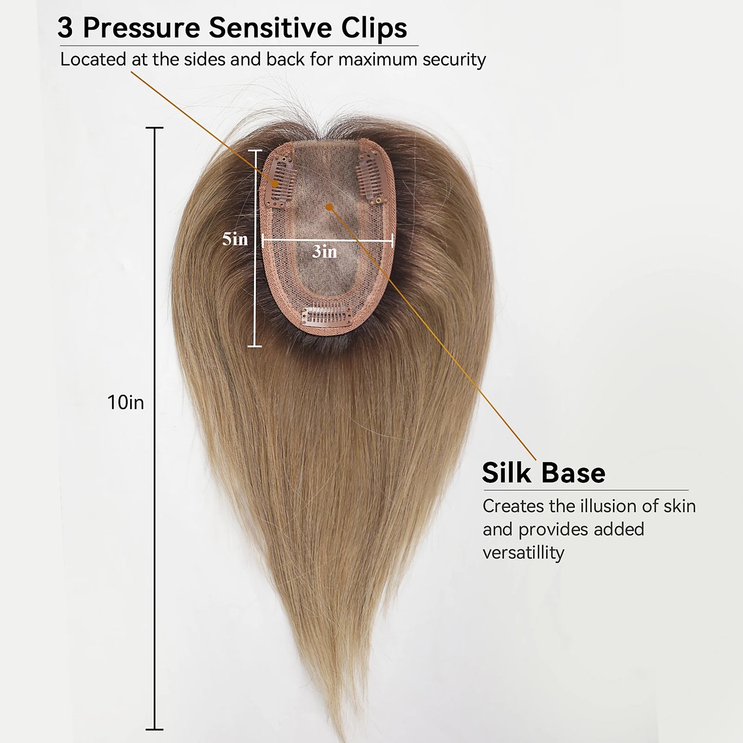 Light Brown Human Hair Topper with Bangs – 10" Silk Base Clip-In for Thinning Hair