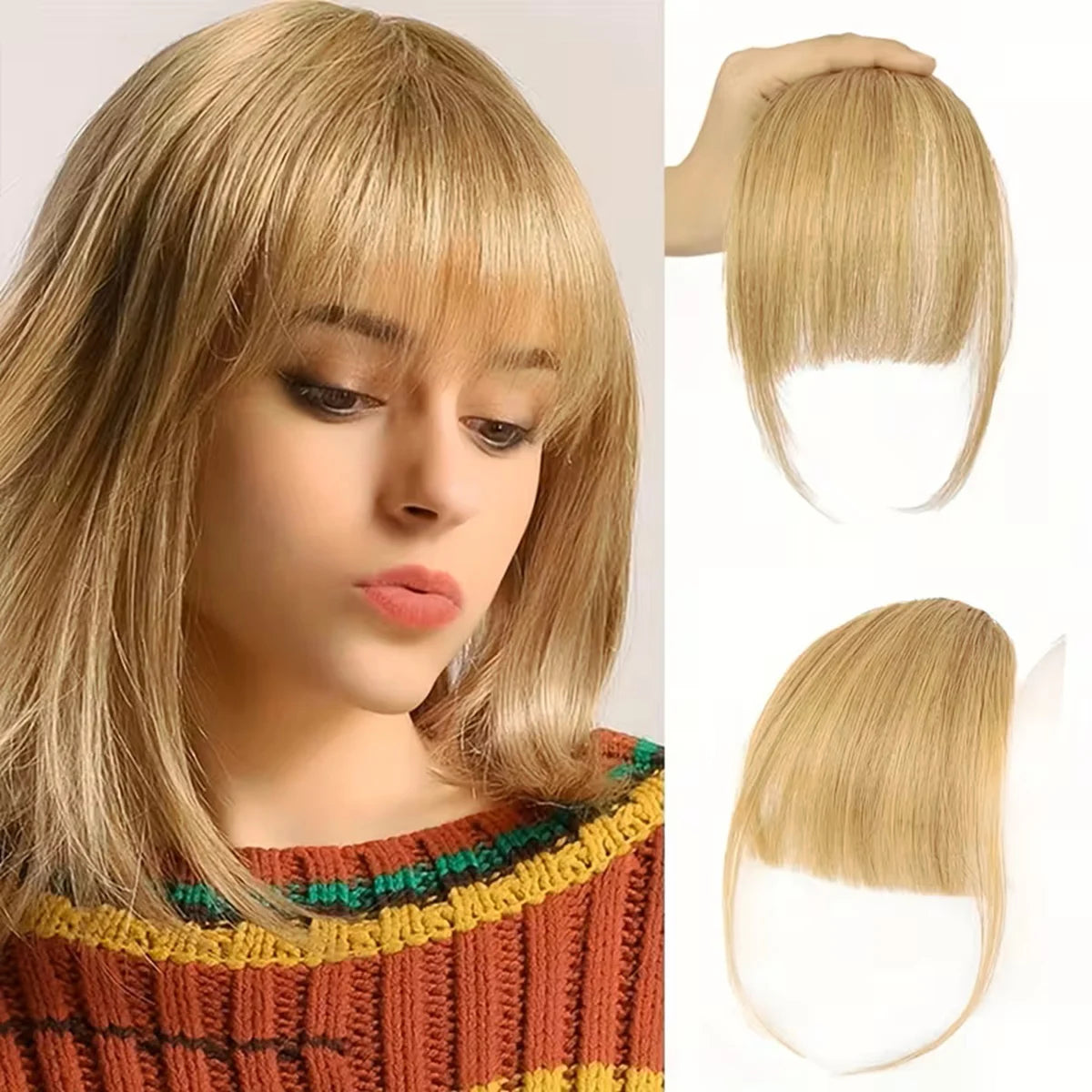 Human Hair Wispy French Bangs with Temples – Clip-In Air Fringe Hair Piece