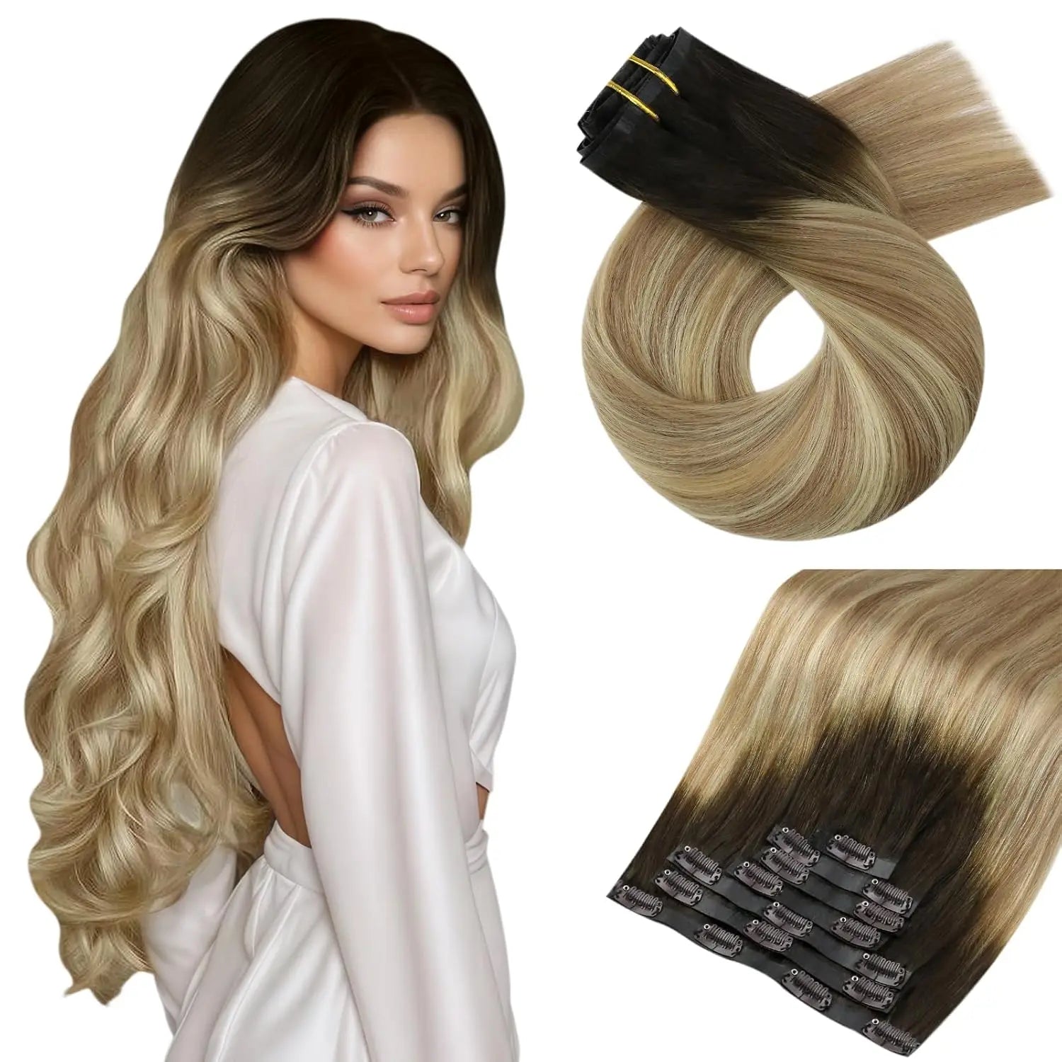 Seamless PU Clip-In Human Hair Extensions – 7 Piece Full Head Remy Set (105g)
