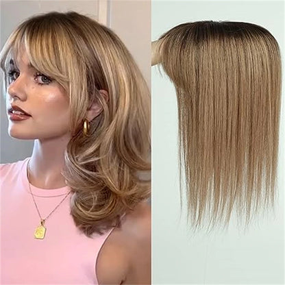Light Brown Human Hair Topper with Bangs – 10" Silk Base Clip-In for Thinning Hair