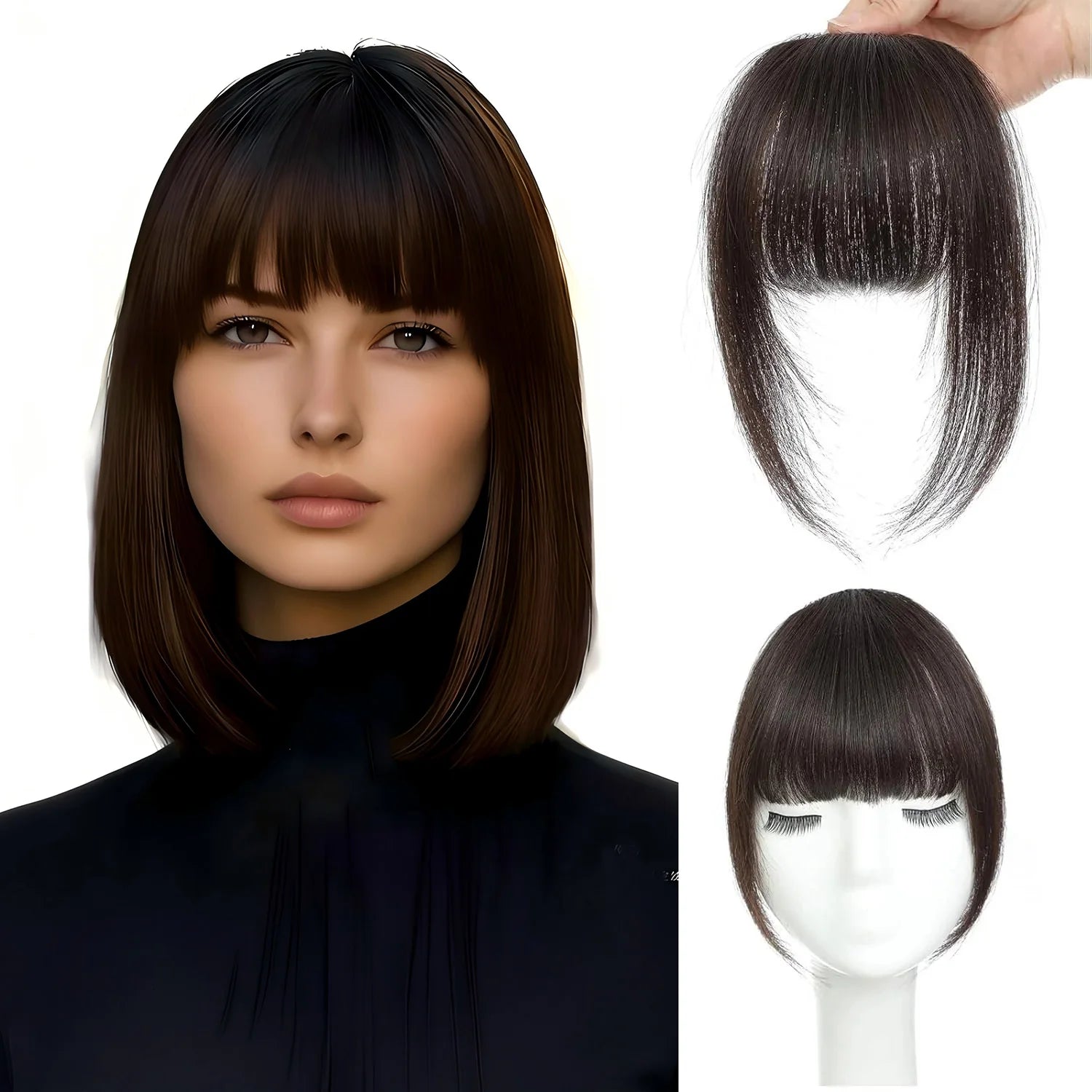 Human Hair Wispy French Bangs with Temples – Clip-In Air Fringe Hair Piece