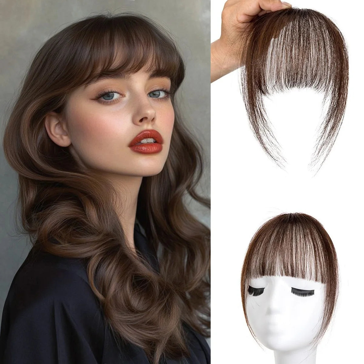 Human Hair Wispy French Bangs with Temples – Clip-In Air Fringe Hair Piece