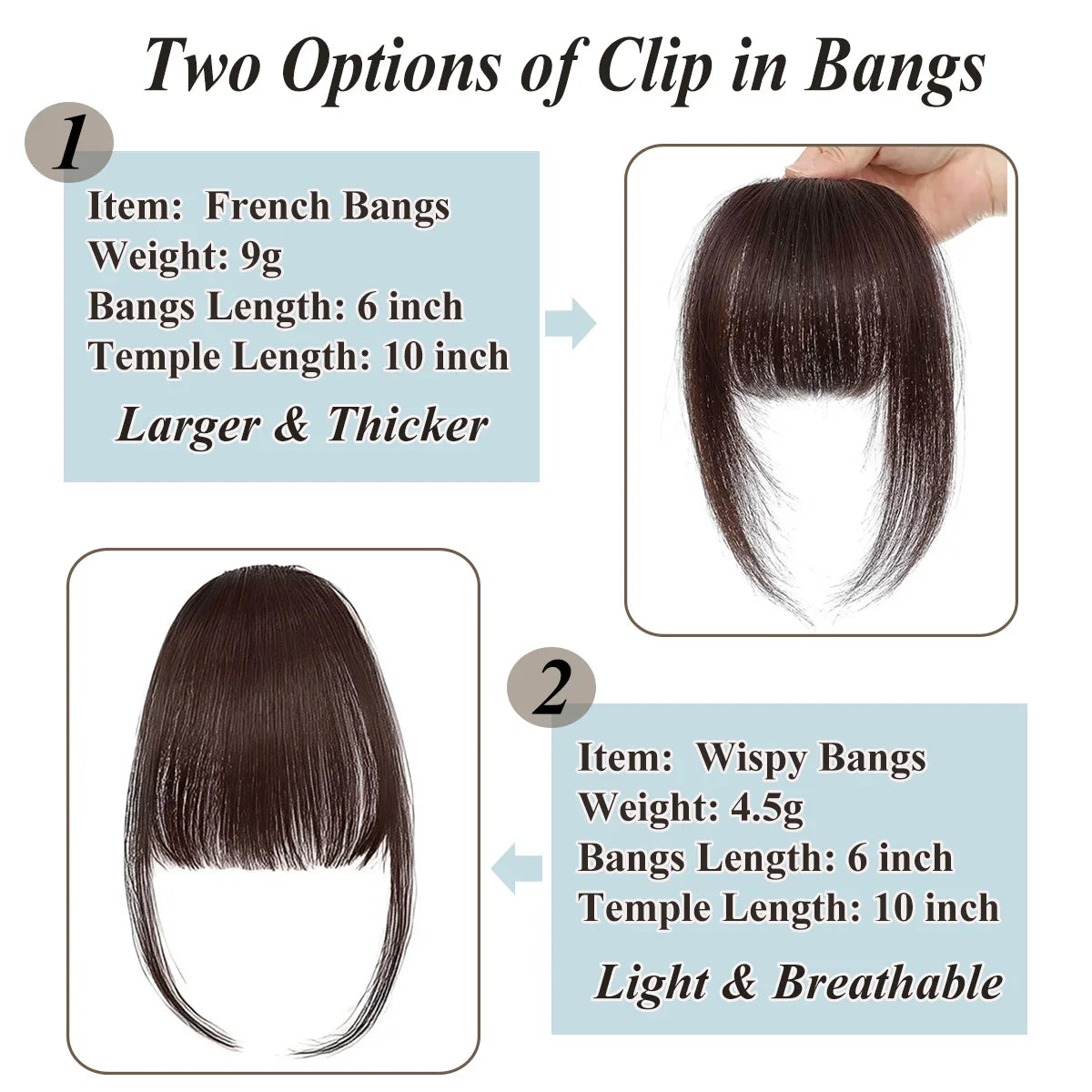 Human Hair Wispy French Bangs with Temples – Clip-In Air Fringe Hair Piece