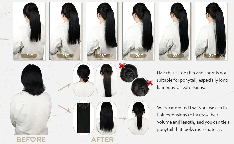 Human Hair Ponytail Extension – Straight Remy Wrap-Around Clip-In Ponytail 80g