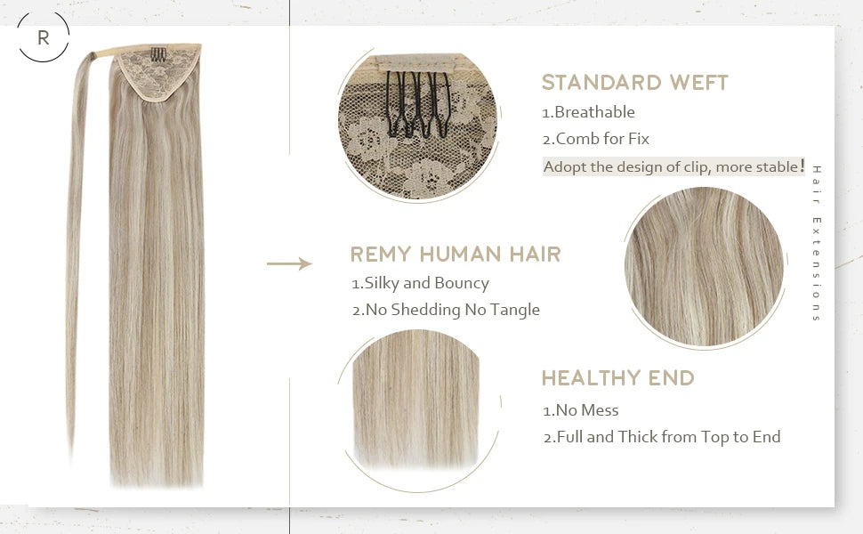 Human Hair Ponytail Extension – Straight Remy Wrap-Around Clip-In Ponytail 80g